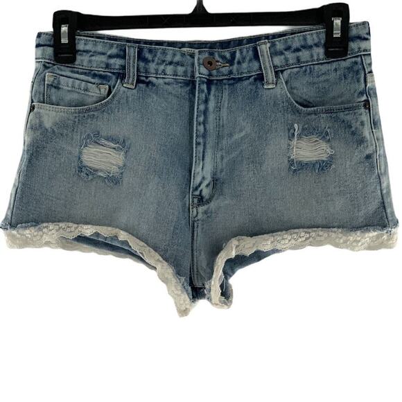 Forever 21 Lace Trim Distressed Denim High Rise Booty Summer Shorts Size 29/8 - Picture 1 of 6